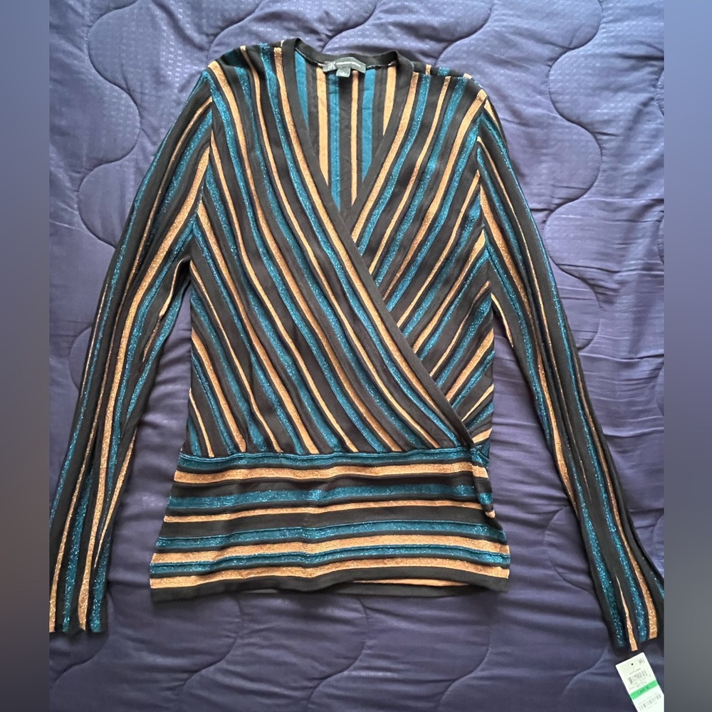 NWT INC International Concepts Blue/Copper Sparkle Long Sleeve Blouse Size Large